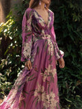 Bohemian Printed Colour V Neck Long Sleeve Pleated Dress