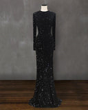 Soarswe Women's Elegant Round Neck Black Formal Long Evening Dress