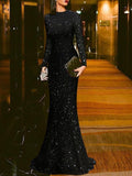 Soarswe Women's Elegant Round Neck Black Formal Long Evening Dress