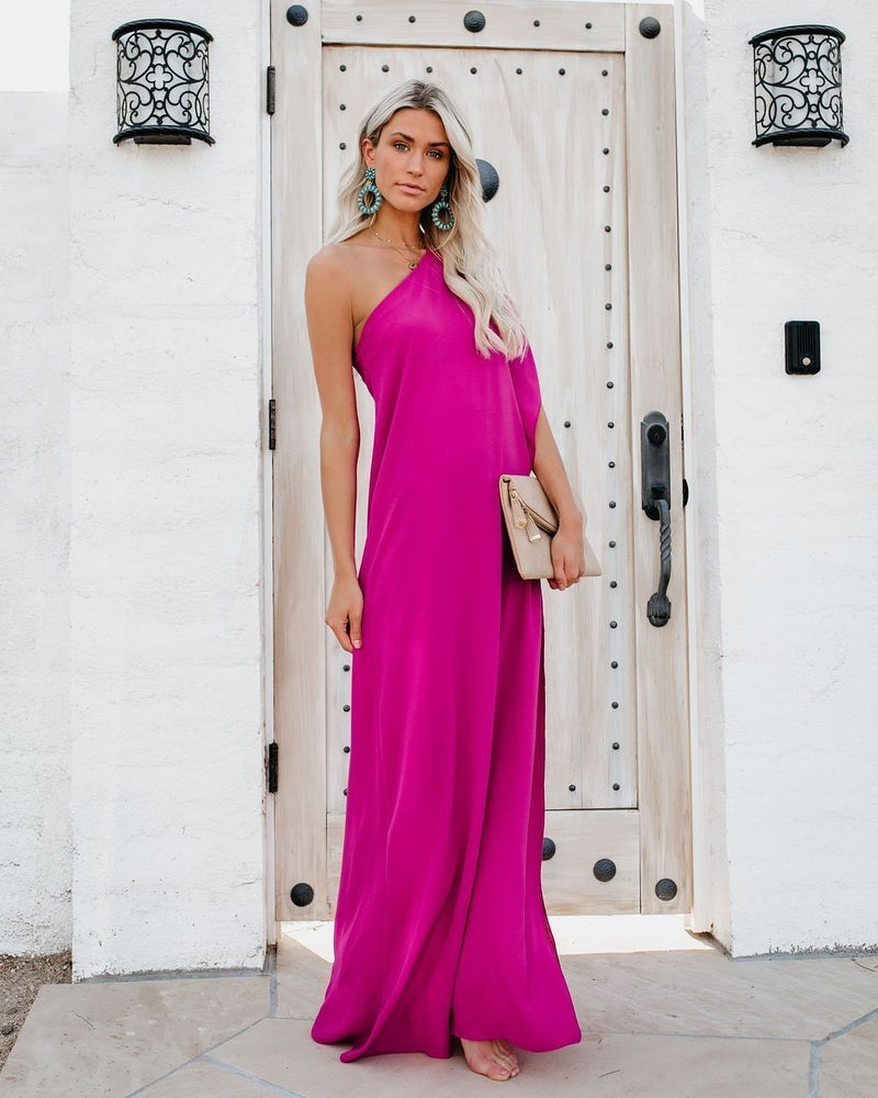 Blown Away One Shoulder Statement Maxi Dress - Fuchsia