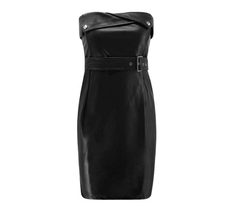 Off Shoulder Artificial Leather Slim Dress-Black