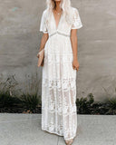 Lace Plunge Neck Embroidery Maxi Dress