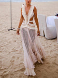 Sexy Deep V Belted See-Through Maxi Dresses