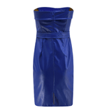 Off Shoulder Artificial Leather Slim Dress-Blue