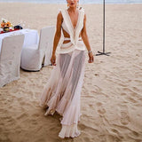 Sexy Deep V Belted See-Through Maxi Dresses