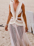Sexy Deep V Belted See-Through Maxi Dresses
