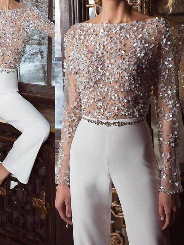Fashion Elegant Pure Colour Splicing Sequins Jumpsuits
