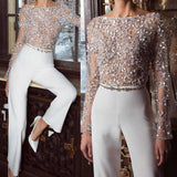 Fashion Elegant Pure Colour Splicing Sequins Jumpsuits