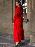 V-neck Long Sleeves Solid Color Belted Maxi Evening Dress