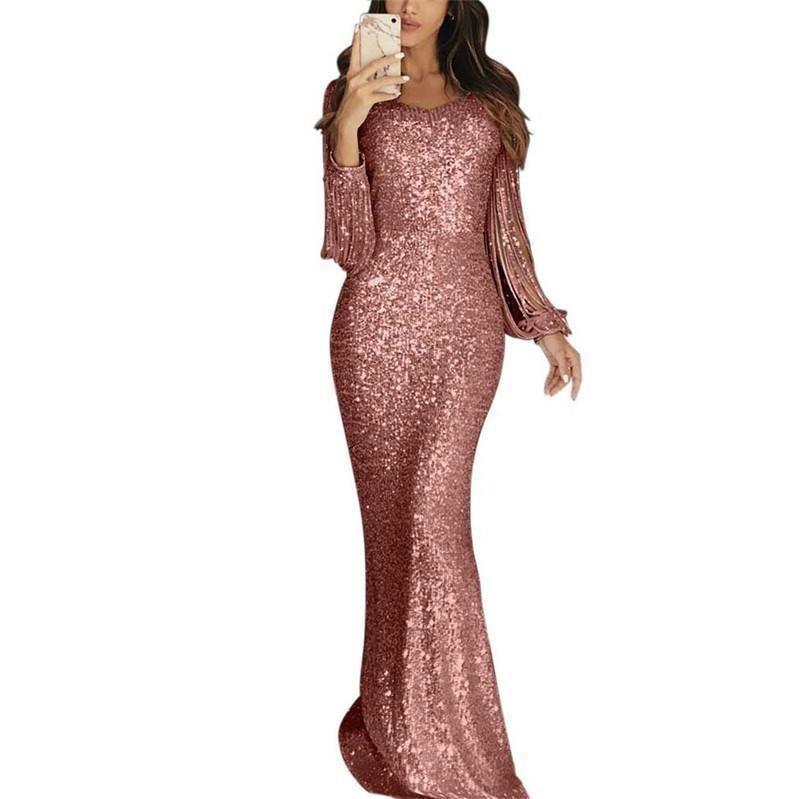 Long Sleeve Tassel Evening Dress