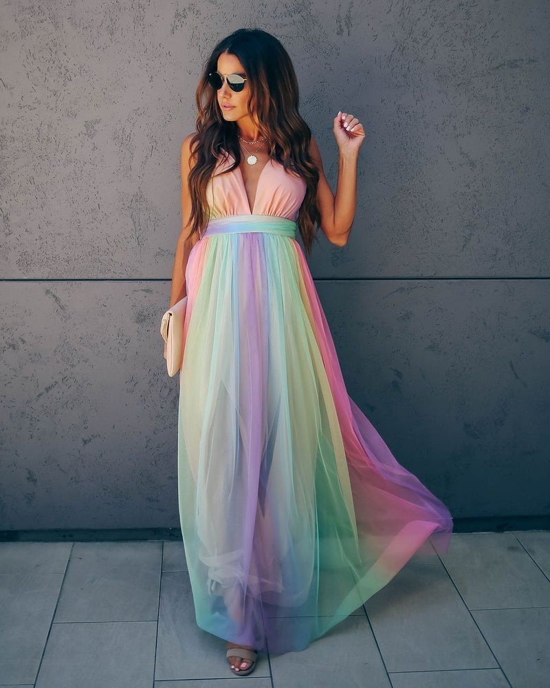 Wonderland Rainbow Striped Maxi Dress