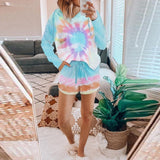 Tie Dye Knit Printed Two Piece Set Long Sleeves Top + Short Home Wear Pajamas Set