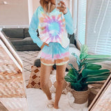 Tie Dye Knit Printed Two Piece Set Long Sleeves Top + Short Home Wear Pajamas Set