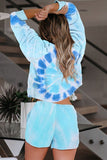 Women Tie Dye Knit Multicolor Two Piece Set T-shirt + Short Tie Dye Home Wear Pajamas Set