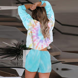 Women Tie Dye Knit Multicolor Two Piece Set T-shirt + Short Tie Dye Home Wear Pajamas Set