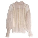 Women's Vintage See-through Pearl Bubble Sleeves Blouse