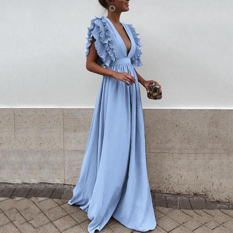 Plus Size Deep V-Neck Ruffle Solid Color Maxi Dress