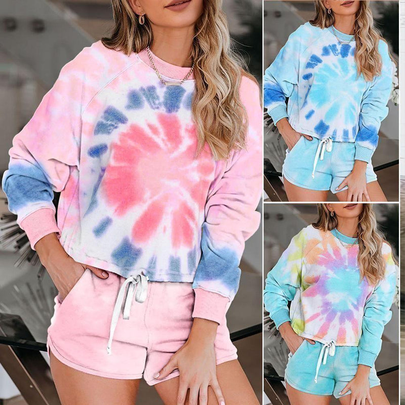 Women Tie Dye Knit Multicolor Two Piece Set T-shirt + Short Tie Dye Home Wear Pajamas Set