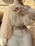 Women's Vintage See-through Pearl Bubble Sleeves Blouse