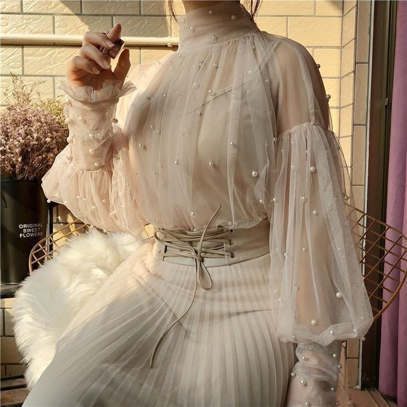 Women's Vintage See-through Pearl Bubble Sleeves Blouse