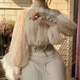 Women's Vintage See-through Pearl Bubble Sleeves Blouse