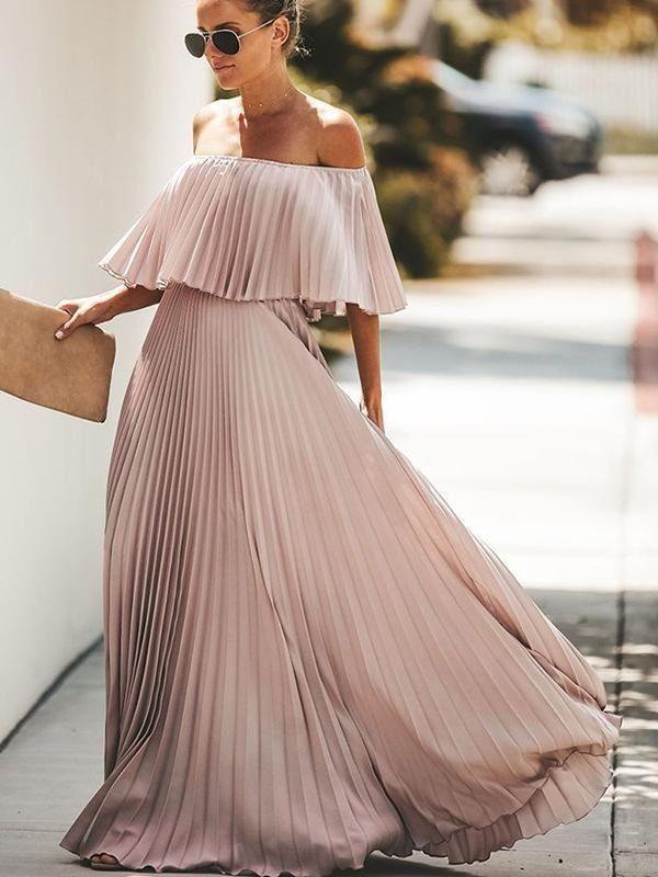 Elegant Off Shoulder Chiffon Summer Ruffle Pleated Maxi Dresses