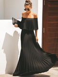 Elegant Off Shoulder Chiffon Summer Ruffle Pleated Maxi Dresses
