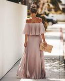 Elegant Off Shoulder Chiffon Summer Ruffle Pleated Maxi Dresses