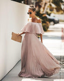 Elegant Off Shoulder Chiffon Summer Ruffle Pleated Maxi Dresses