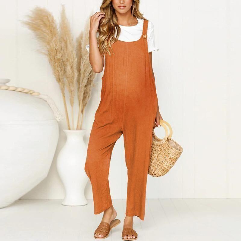 Maternity Vintage Round Neck Short Sleeve Pure Colour Jumpsuit