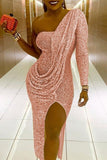 Sequin Slit Hem One Sleeve Party Midi Dress