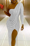 Sequin Slit Hem One Sleeve Party Midi Dress