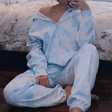 Blue Tie Dye Zip-Up Pockets Long Sleeve Two Piece Set