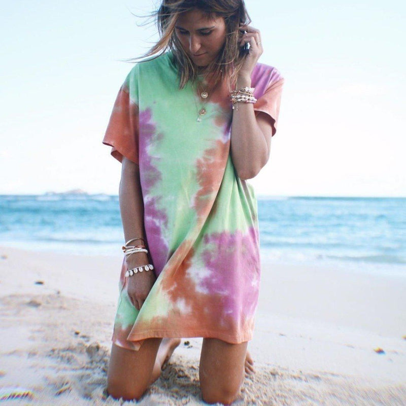 Glamorous Round Neck Short Sleeve Tie Dye Loose Beach Dress