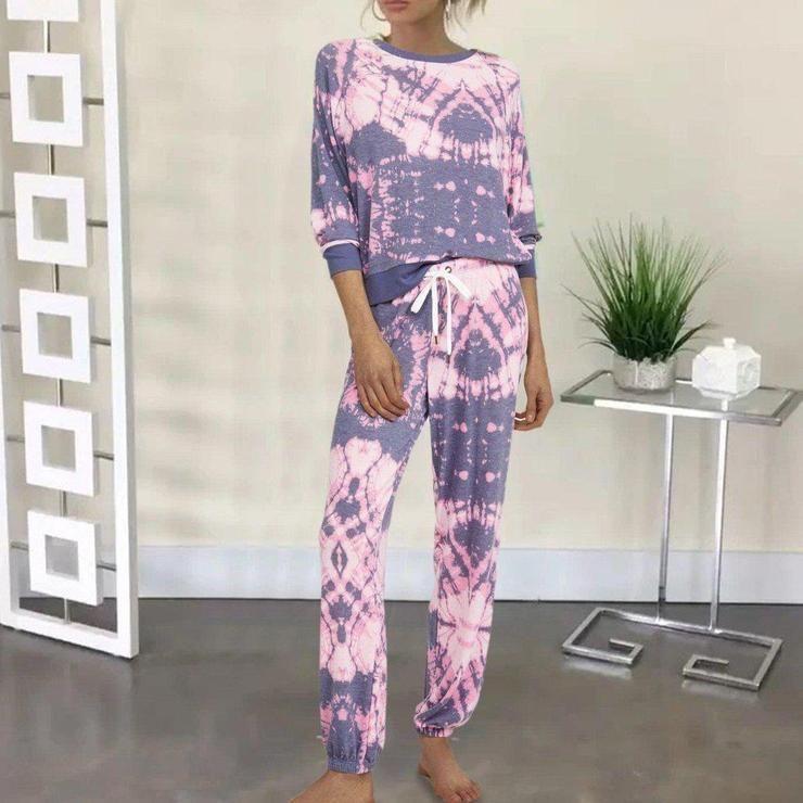 Trendy Tie Dye Printed Long Sleeve Lounge Two-Piece Set