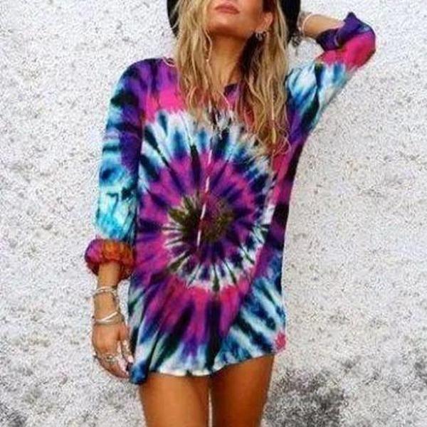 Beautiful Tie Dye Loose Round Neck Long Sleeve Tee