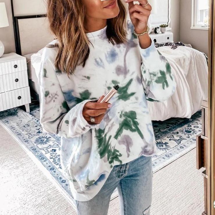 Oversized Fit Tie Dye Round Neck Long Sleeve Top