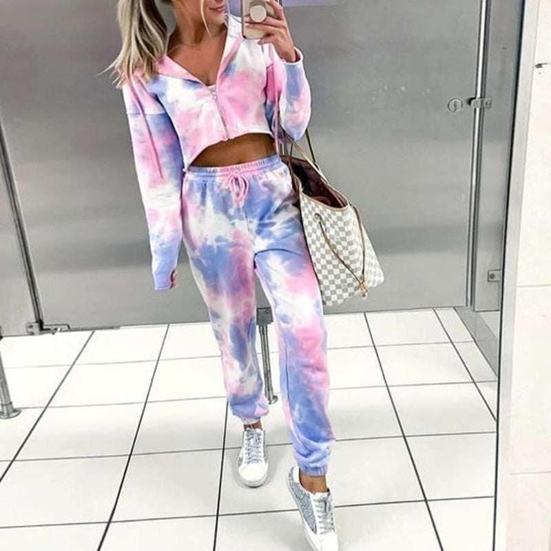 Fashion Zip-Up Tie Dye Crop Top And Lounge Sweatpants Set