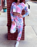 Fashion Zip-Up Tie Dye Crop Top And Lounge Sweatpants Set