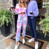 Fashion Zip-Up Tie Dye Crop Top And Lounge Sweatpants Set