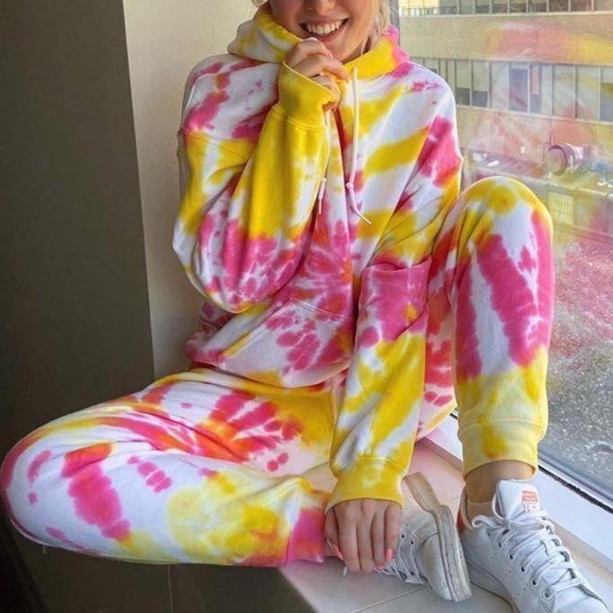 Colorful Tie Dye Long Sleeve Hoodie And Drawstring Sweatpants Set
