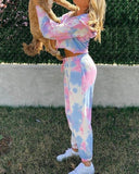 Fashion Zip-Up Tie Dye Crop Top And Lounge Sweatpants Set