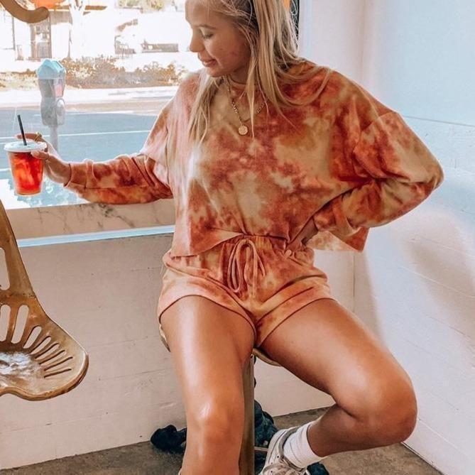 Tie Dye Long Sleeve Top And Lounge Shorts Set