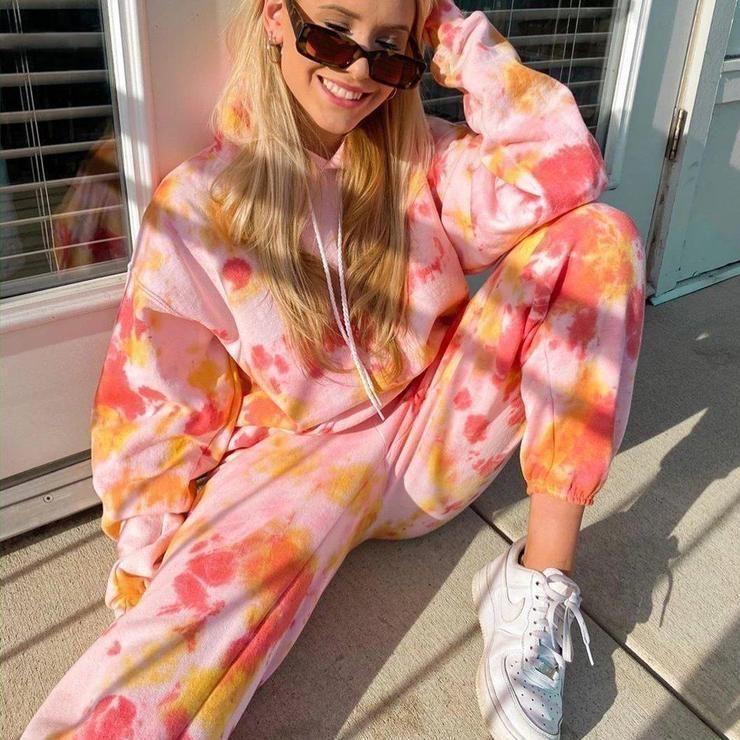 Trendy Tie Dye Long Sleeve Hoodie Two Piece Set