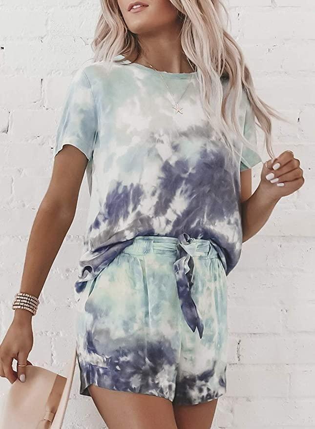Fashion Tie Dye Round Neck T-Shirt And Drawstring Shorts Set