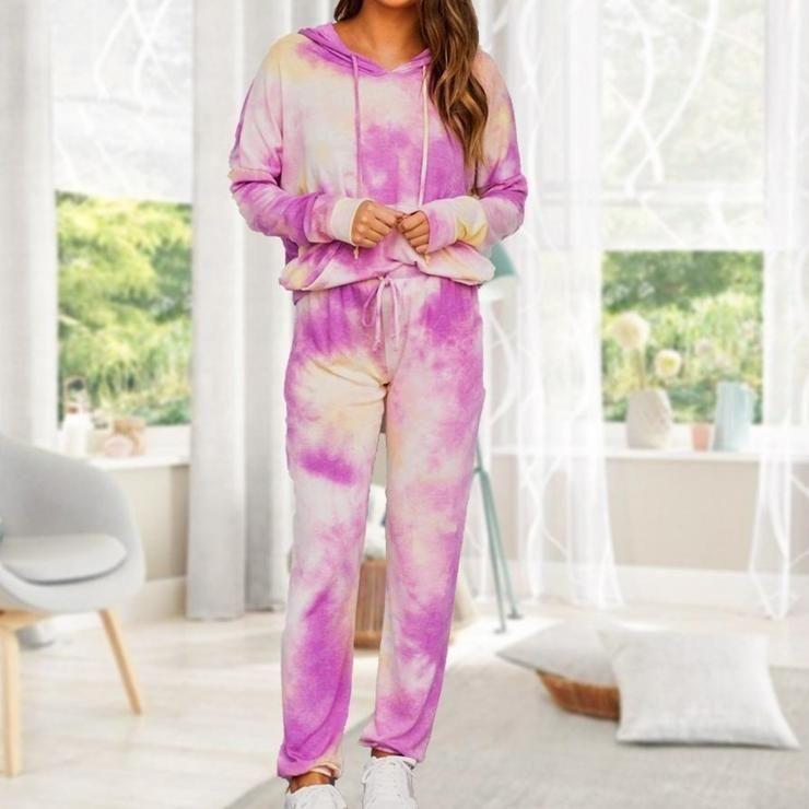 Purple Tie Dye Pocket Top And Lounge Pants Set