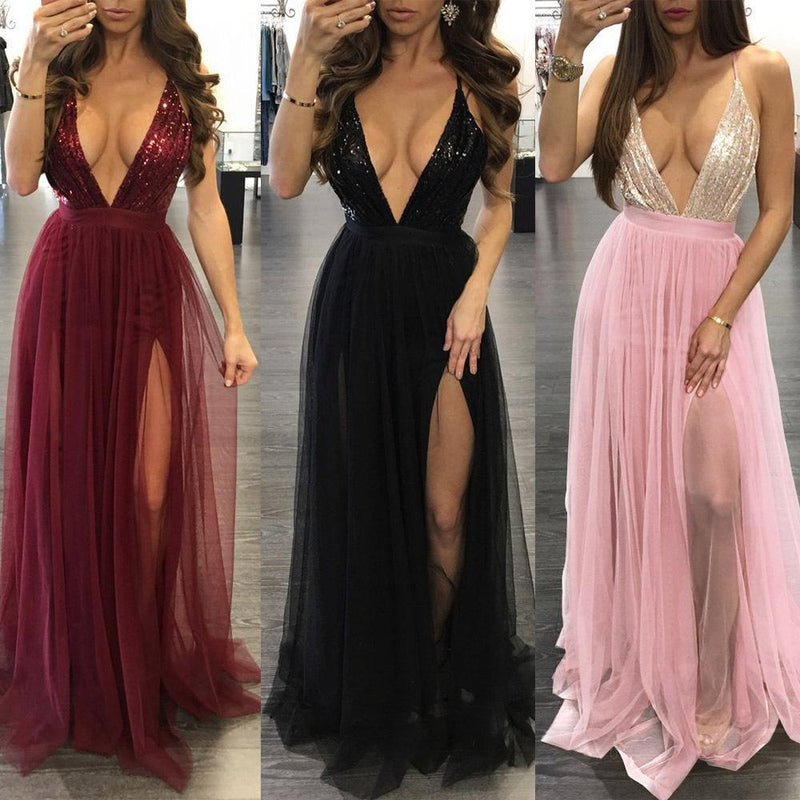 Sexy Backless Deep V Neck Long Backless Maxi Dress