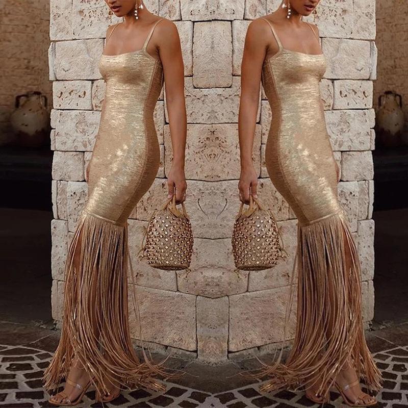 Fringe Woodgrain Foil Print Maxi Dress