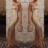 Fringe Woodgrain Foil Print Maxi Dress