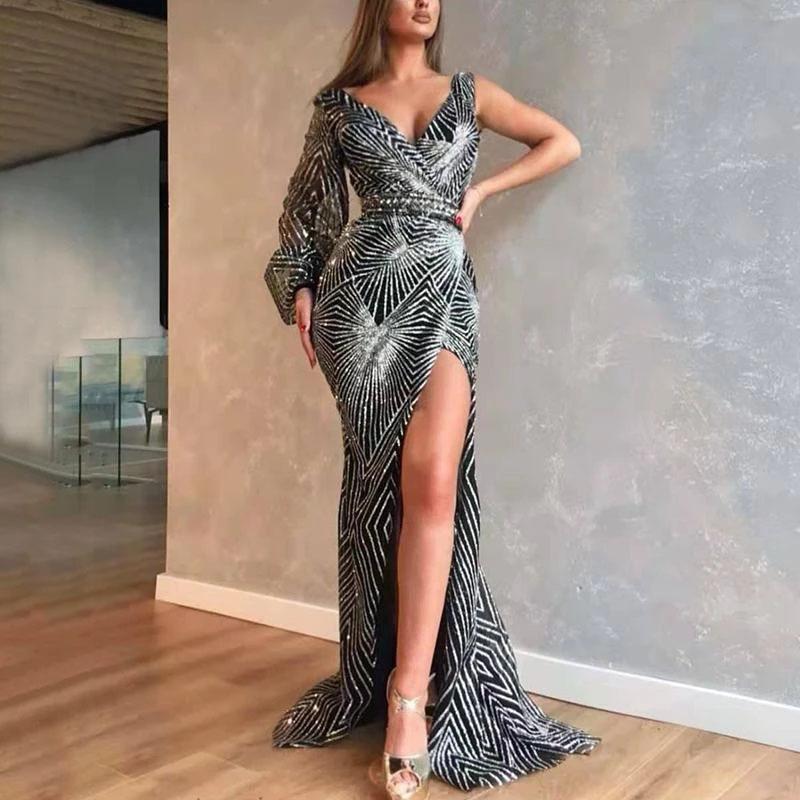 Low-Cut One Shoulder High Split Hem Long Formal Dresses